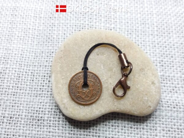 Denmark 1927 coin charm. 97 year old Crown C initial Copper 1 ore as coin pendant