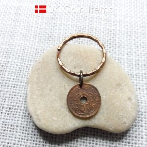 Denmark 1930 coin keychain. 94 year old Crown C initial Copper 1 ore as coin pendant