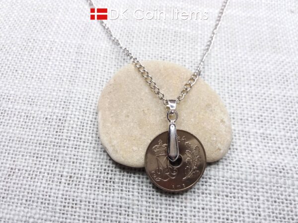 Denmark 1984 coin necklace. 40 year old coin pendant. Initial M 25 ore. Danish Crown souvenir