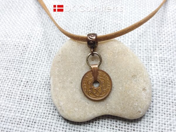 Denmark 1940 coin necklace. 84 year old Crown C initial Copper 1 ore as coin pendant