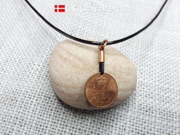 Denmark 1973 coin necklace. 51 year old coin pendant. Initial M 5 ore. 51st birthday gift. 5th anniversary gift. Danish vintage souvenir.