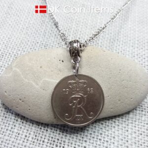 Denmark 1962 coin pendant necklace with 62 year old R initial 25 ore. 62nd birthday gift. Danish vintage souvenir gift