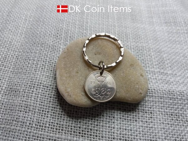 Denmark 1981 coin keychain with 43 year old M initial 10 ore as coin pendant. 43rd birthday gift. 10th anniversary gift