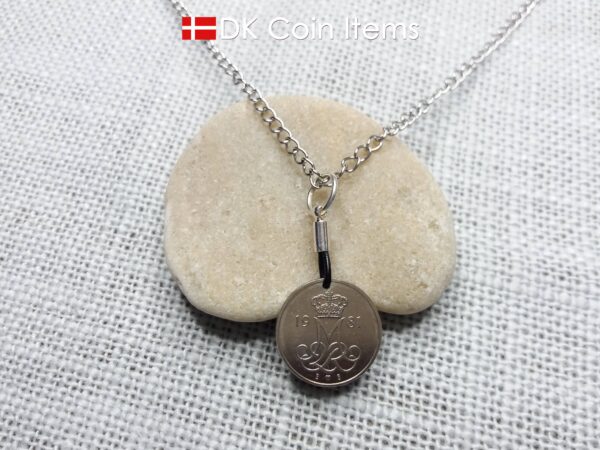 Denmark 1981 coin necklace with 43 year old M initial 10 ore as coin pendant. 43rd birthday gift. 10th anniversary gift