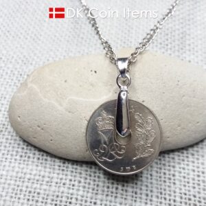 Denmark 1974 coin necklace. 50 year old coin pendant. Initial M 25 ore. Danish Crown souvenir gift