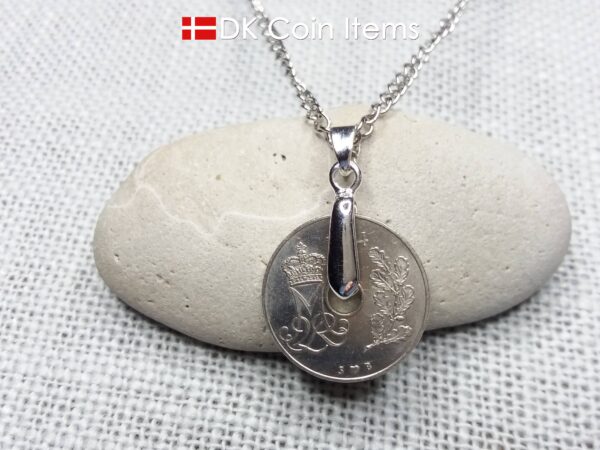 Denmark 1974 coin necklace. 50 year old coin pendant. Initial M 25 ore. Danish Crown souvenir gift