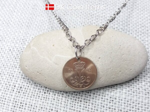 Denmark 1984 coin necklace with 40 year old M initial 10 ore as coin pendant. 40th birthday gift. 10th anniversary gift. Danish souvenir gift