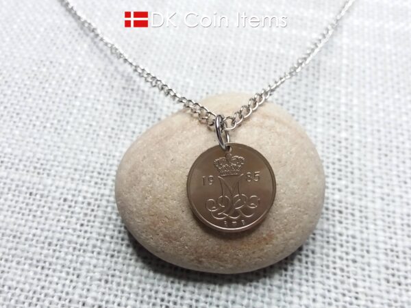 Denmark 1985 coin necklace with 39 year old M initial 10 ore as coin pendant. 39th birthday gift. 10th anniversary gift. Danish souvenir gift