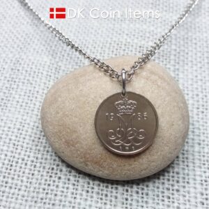 Denmark 1986 coin necklace with 38 year old M initial 10 ore as coin pendant. 38th birthday gift. 10th anniversary gift. Danish souvenir gift