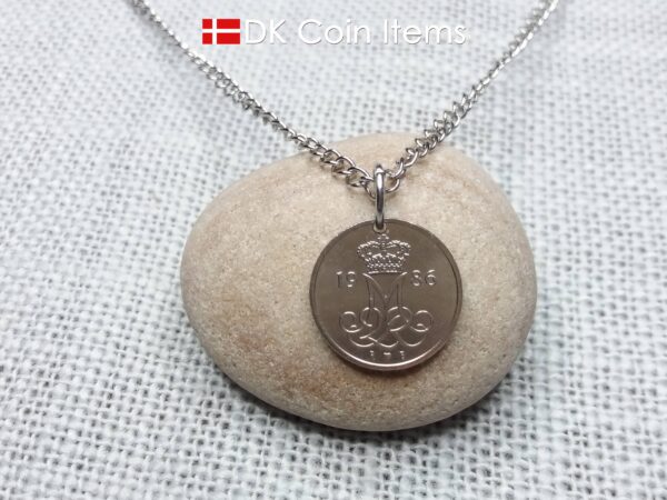 Denmark 1986 coin necklace with 38 year old M initial 10 ore as coin pendant. 38th birthday gift. 10th anniversary gift. Danish souvenir gift