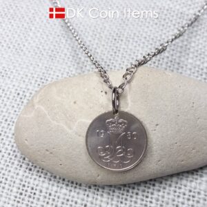 Denmark 1980 coin necklace with 44 year old M initial 10 ore as coin pendant. 44th birthday gift. 10th anniversary gift. Danish souvenir gift