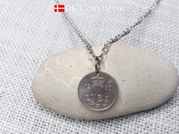 Denmark 1980 coin necklace with 44 year old M initial 10 ore as coin pendant. 44th birthday gift. 10th anniversary gift. Danish souvenir gift