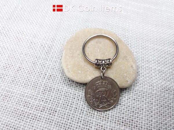 Denmark 1953 coin keychain. 71 year old coin pendant. Danish 25 ore with Crown R initial