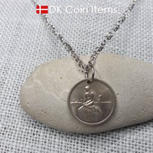 Denmark mermaid vintage token coin necklace with The Little Mermaid statue/sculpture in Copenhagen - Danish fairy tale souvenir