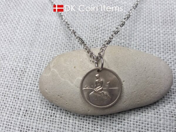 Denmark mermaid vintage token coin necklace with The Little Mermaid statue/sculpture in Copenhagen - Danish fairy tale souvenir