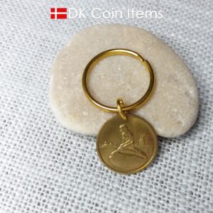 Coin pendant keychain with The Danish Little Mermaid statue/sculpture on a Copenhagen vintage brass fare token from 1966-1967