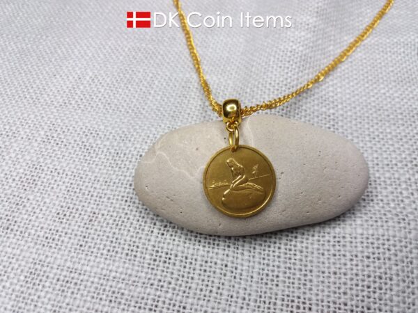 Danish coin pendant necklace with The Little Mermaid statue/sculpture on a Copenhagen vintage brass fare token from 1966-1967