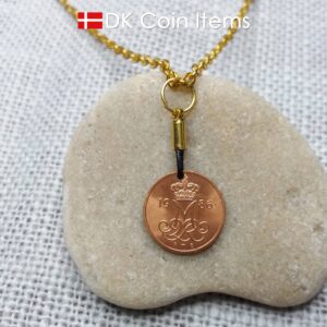 Denmark 1986 coin necklace with 38 year old Crown M initial 5 ore as coin pendant. 38th birthday gift. Danish vintage souvenir