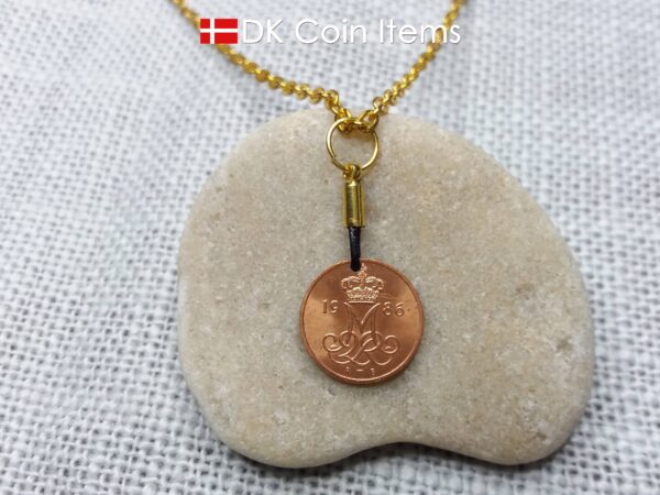 Denmark 1986 coin necklace with 38 year old Crown M initial 5 ore as coin pendant. 38th birthday gift. Danish vintage souvenir