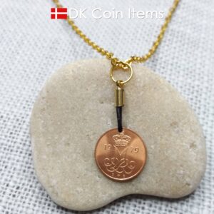 Denmark 1979 coin necklace with 45 year old Crown M initial 5 ore as coin pendant. 45th birthday gift. Danish vintage souvenir