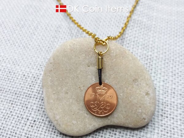 Denmark 1979 coin necklace with 45 year old Crown M initial 5 ore as coin pendant. 45th birthday gift. Danish vintage souvenir