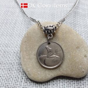 Denmark Little Mermaid necklace with a Copenhagen vintage 1966-1967 token coin showing The Danish Little Mermaid statue/sculpture