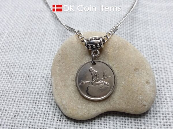 Denmark Little Mermaid necklace with a Copenhagen vintage 1966-1967 token coin showing The Danish Little Mermaid statue/sculpture