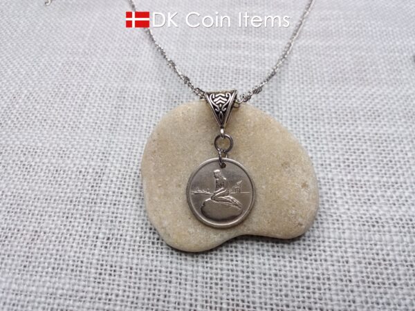 Denmark Little Mermaid coin necklace with a Copenhagen vintage 1966-1967 token showing The Danish Little Mermaid statue/sculpture