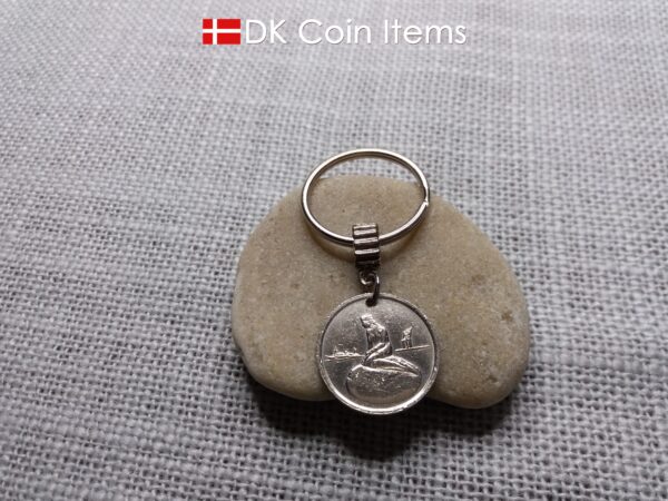 Denmark Little Mermaid keychain with a Copenhagen vintage 1966-1967 token coin showing The Danish Little Mermaid statue/sculpture