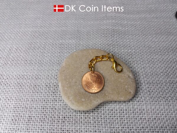 Denmark 1973 coin necklace with a 51 year old Danish Crown M initial 5 ore as coin pendant. Danish vintage souvenir