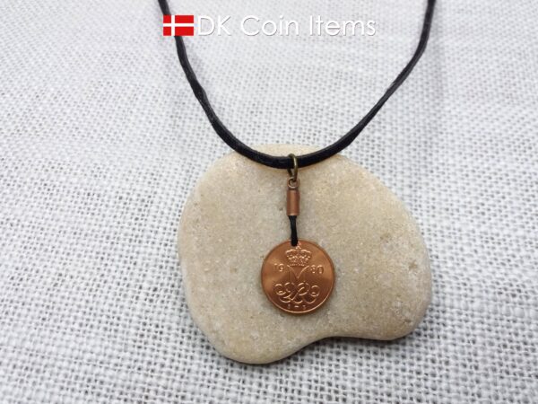 Denmark 1980 coin necklace with 44 year old Crown M initial 5 ore as coin pendant. 44th birthday gift. Danish vintage souvenir