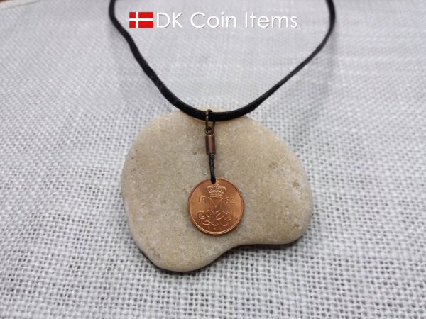 Denmark 1983 coin necklace with 41 year old Crown M initial 5 ore as coin pendant. 41st birthday gift. Danish vintage souvenir