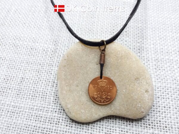 Denmark 1982 coin necklace with 42 year old Crown M initial 5 ore as coin pendant. 42nd birthday gift. Danish vintage souvenir