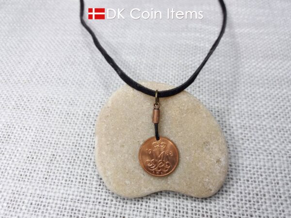 Denmark 1988 coin necklace with 36 year old Crown M initial 5 ore as coin pendant. 36th birthday gift. Danish vintage souvenir