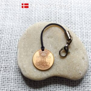 Denmark 1973 coin charm with 51 year old Crown M initial 5 ore as coin pendant. Danish vintage souvenir