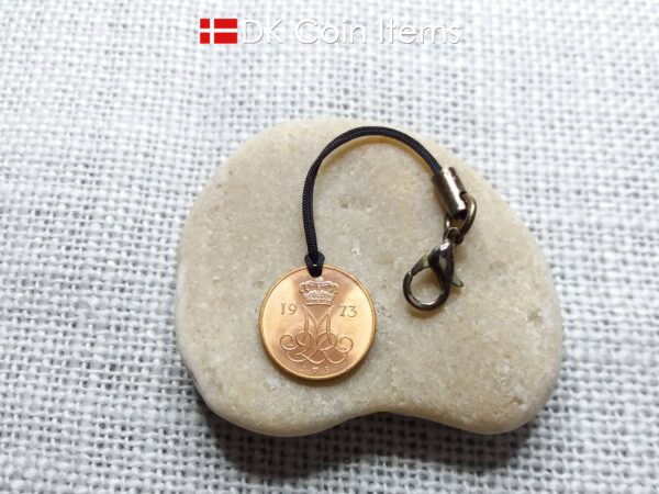 Denmark 1973 coin charm with 51 year old Crown M initial 5 ore as coin pendant. Danish vintage souvenir