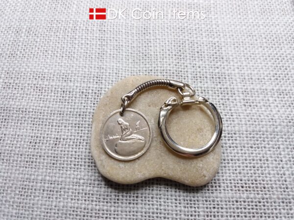 Denmark Little Mermaid coin pendant keychain with a Copenhagen vintage 1966-1967 token showing The Danish Little Mermaid statue/sculpture