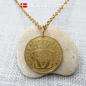 Denmark 1939 coin necklace. 85 year old golden initial C coin pendant with Danish Royal Crown 2 krone. 85th birthday gift. Antique souvenir