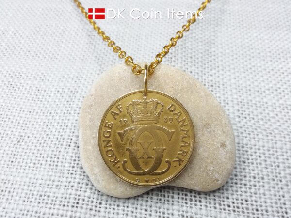 Denmark 1939 coin necklace. 85 year old golden initial C coin pendant with Danish Royal Crown 2 krone. 85th birthday gift. Antique souvenir