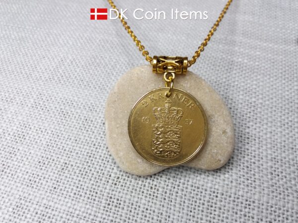 Denmark 1957 coin necklace with 67 year old golden Coat of Arms coin pendant with Royal Crown 2 krone. 67th birthday gift. Vintage souvenir