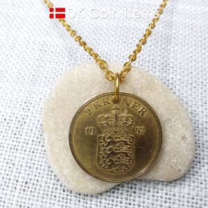 Denmark 1957 coin necklace. 67 year old golden Coat of Arms coin pendant with Royal Crown 2 kroner. 67th birthday gift. Vintage souvenir