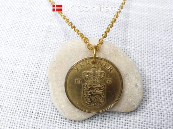 Denmark 1957 coin necklace. 67 year old golden Coat of Arms coin pendant with Royal Crown 2 kroner. 67th birthday gift. Vintage souvenir