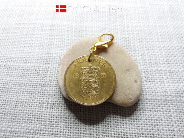 Denmark 1957 coin charm. 67 year old golden Coat of Arms with Royal Crown 2 kroner coin pendant. 67th birthday gift. Vintage souvenir