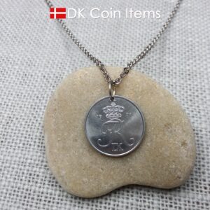 Denmark 1971 coin necklace with 53 year old Crown R initial 2 ore as coin pendant. 53rd birthday gift. Danish vintage souvenir