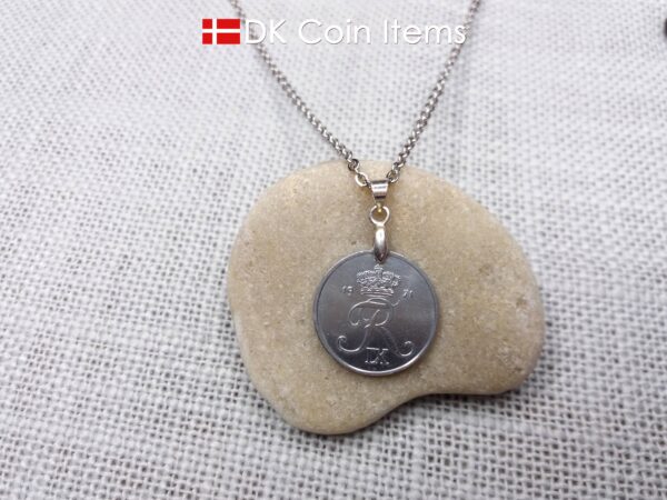 Denmark 1971 coin necklace. Crown R initial on 53 year old 2 ore as coin pendant. 53rd birthday gift. Danish vintage souvenir