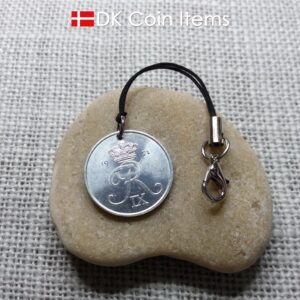 Denmark 1971 coin charm with 53 year old Crown R initial 2 ore as coin pendant. 53rd birthday gift. Danish vintage souvenir