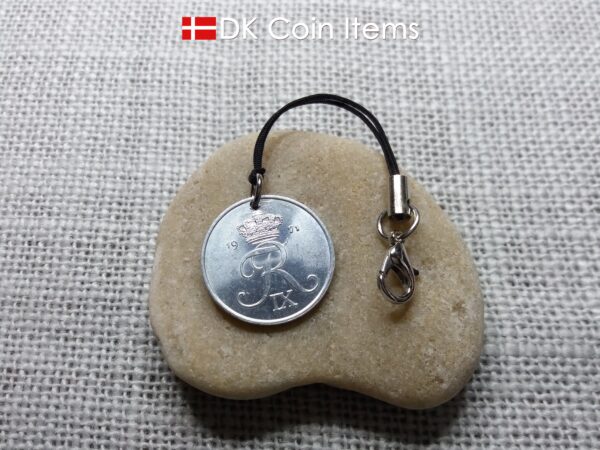 Denmark 1971 coin charm with 53 year old Crown R initial 2 ore as coin pendant. 53rd birthday gift. Danish vintage souvenir