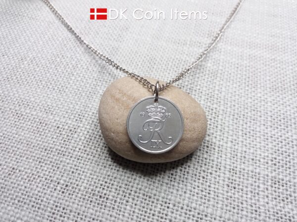 Denmark 1969 coin necklace with 55 year old Crown R initial 2 ore as coin pendant. 55th birthday gift. Danish vintage souvenir