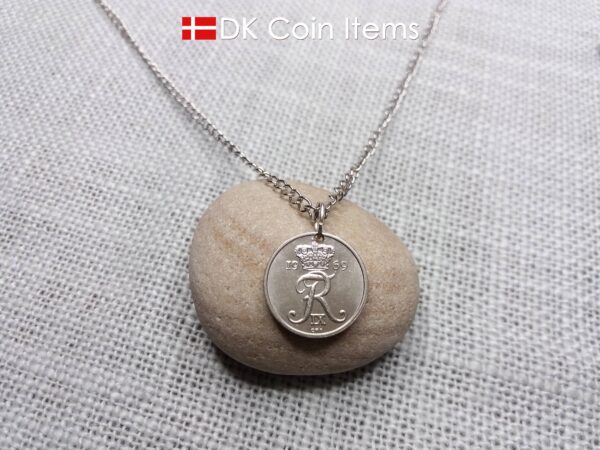 Denmark 1969 coin necklace with 55 year old Crown R initial 10 ore as coin pendant. 55th birthday gift. Danish vintage souvenir