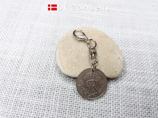 Denmark 1953 coin charm with 71 year old Crown R initial 25 ore as coin pendant